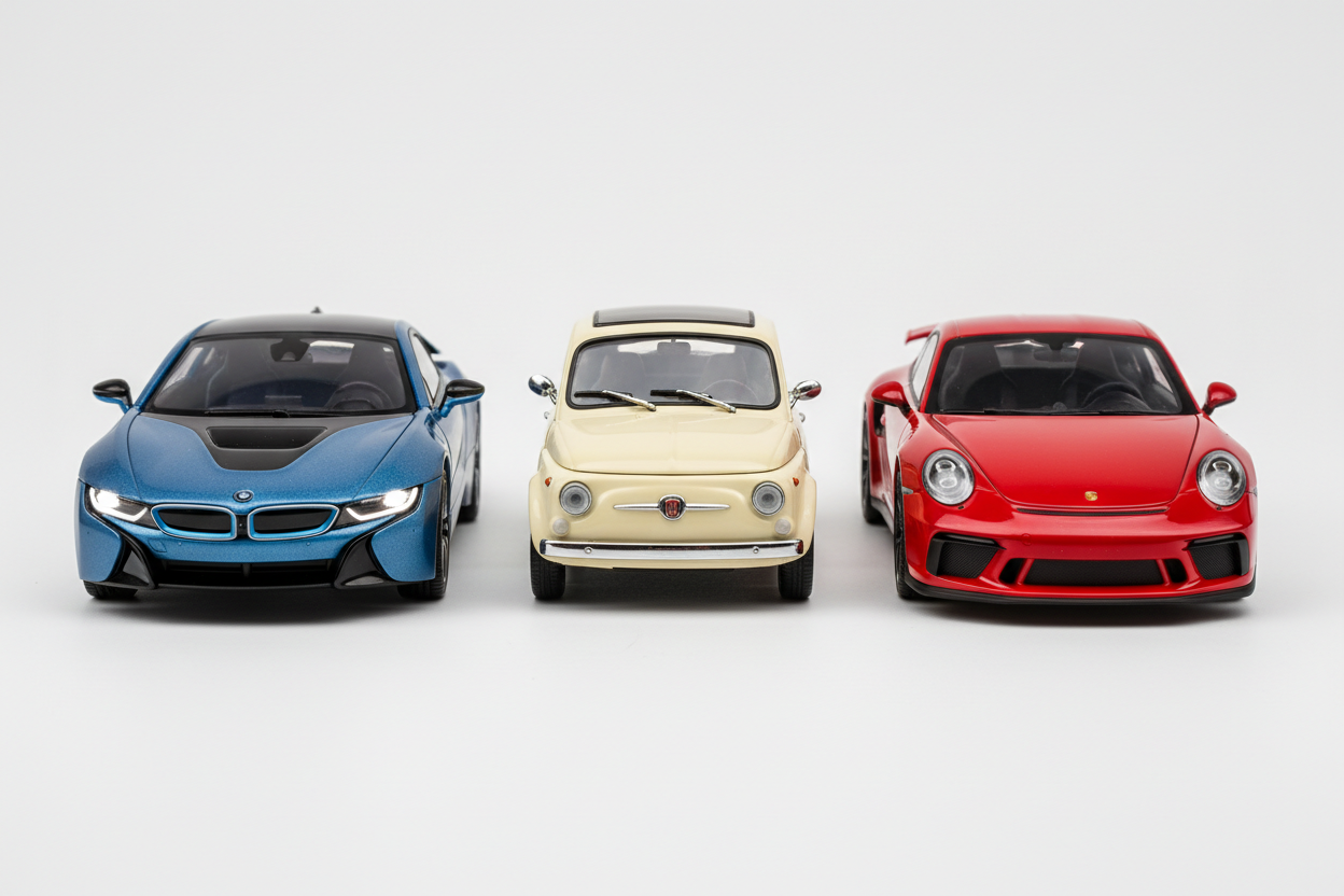 front view bmw, fiat and porsche model cars